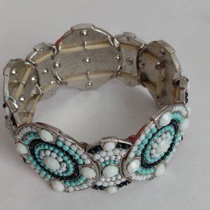 Aqua White Embedded Beaded Silvertone Sectional Stretch Wide Bangle Bracelet